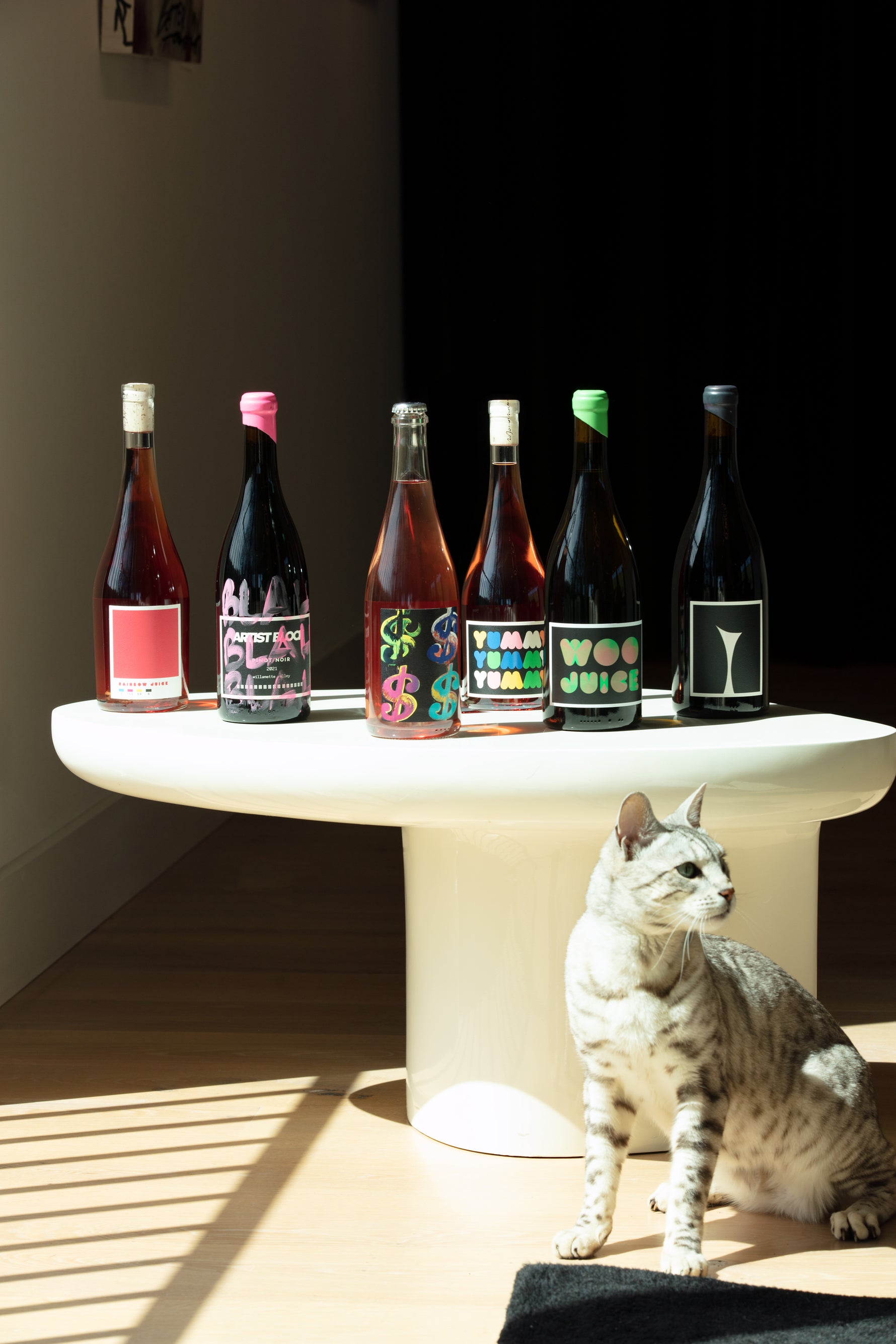 Table with six Artist Block wine bottles and our bengal cat sitting on the floor.