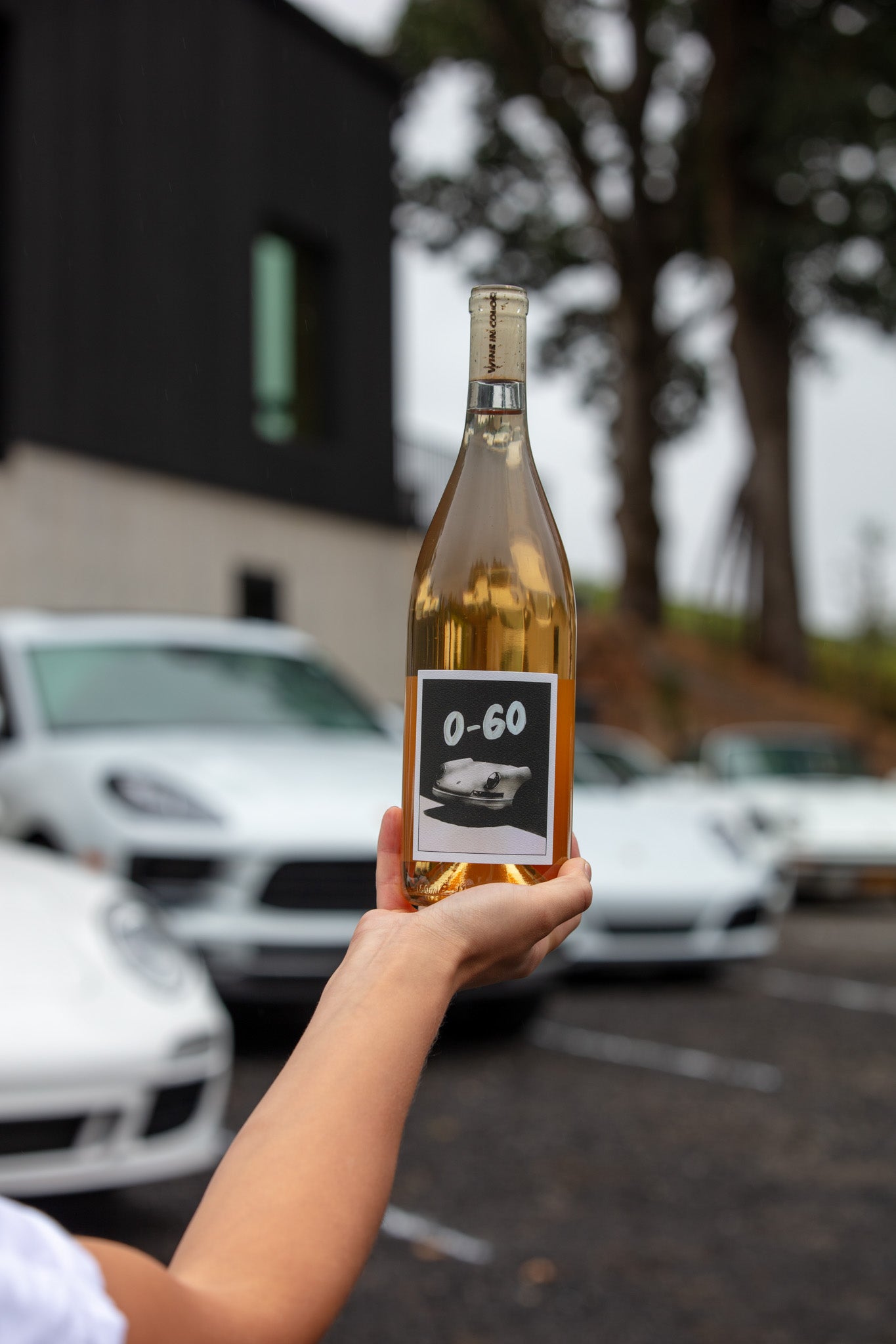 Person holding a bottle of white wine with a porsche on the label in a parking lot full of porsches.